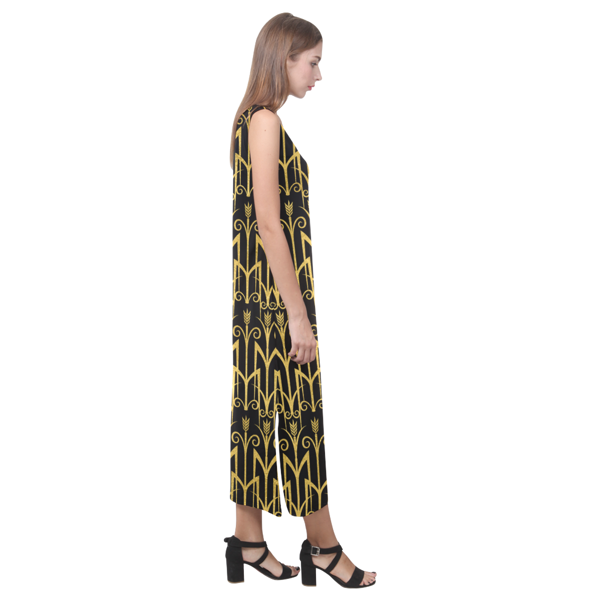 Beautiful Black And Gold Art Deco Pattern Phaedra Sleeveless Open Fork Long Dress (Model D08)
