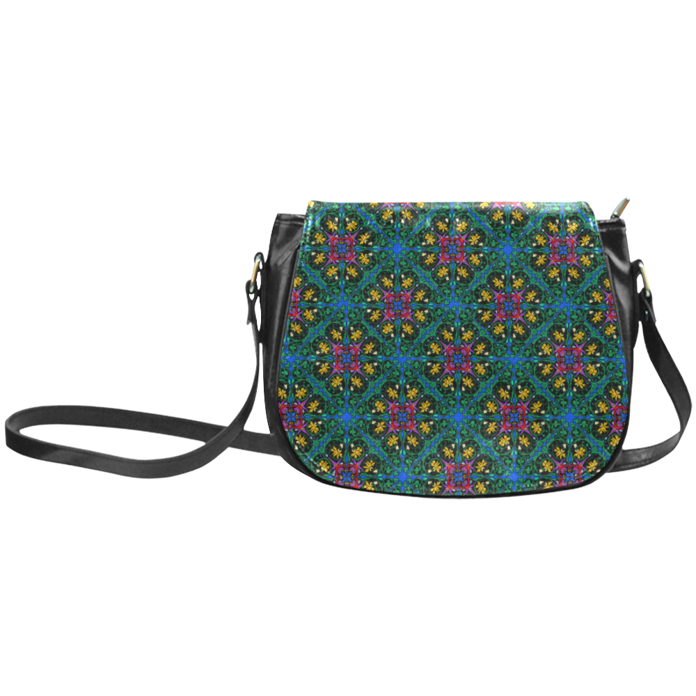 Colorful Floral Diamond Squares on Blue Classic Saddle Bag/Small (Model 1648)