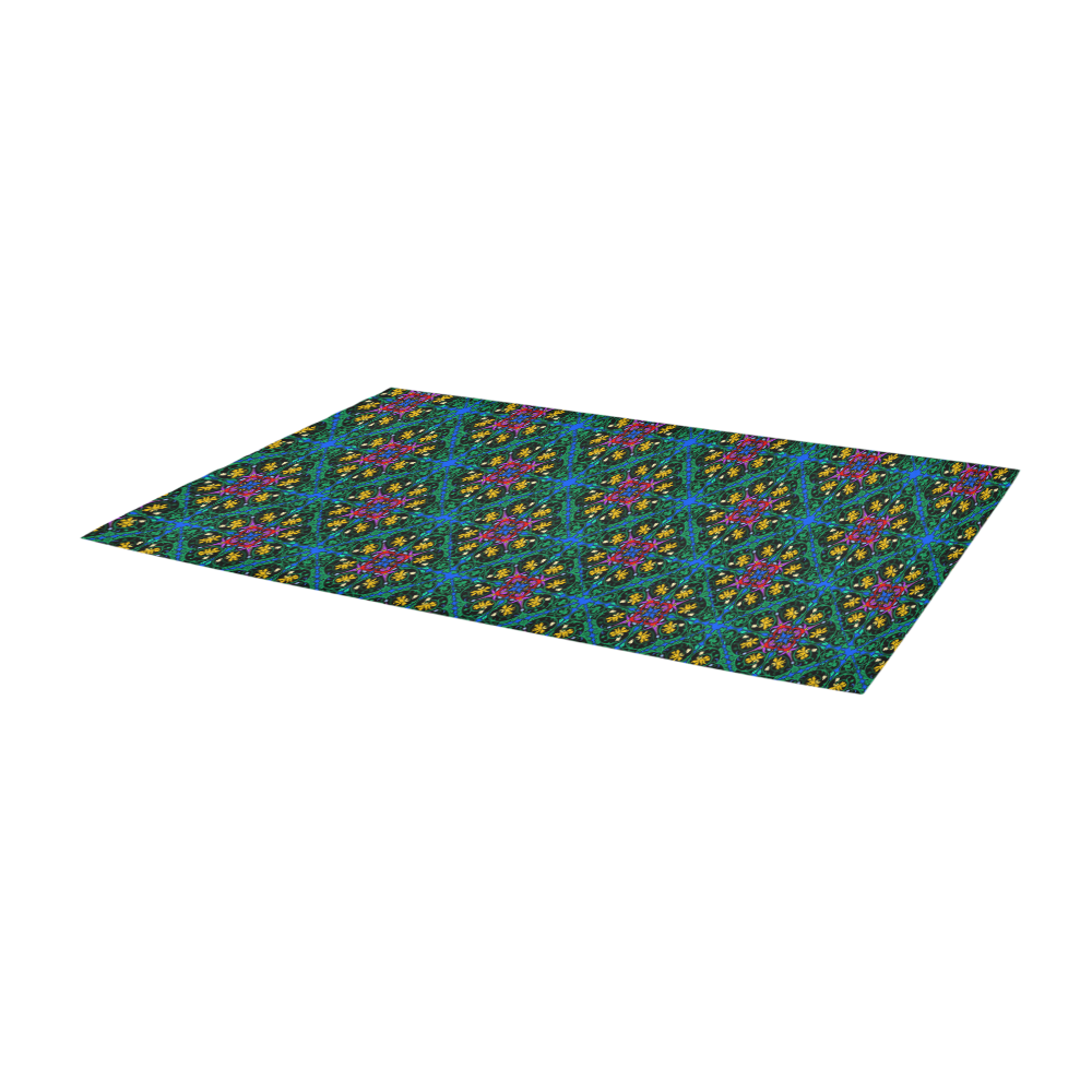 Colorful Floral Diamond Squares on Blue Area Rug 10'x3'3''