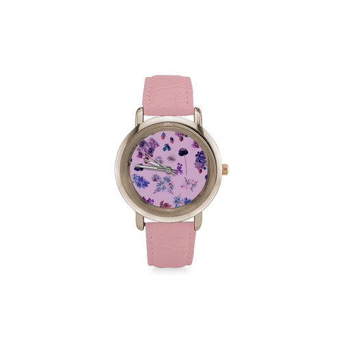 Artistic clock : pink and purple floral edition 60s inspired Collection 2016 Women's Rose Gold Leather Strap Watch(Model 201)