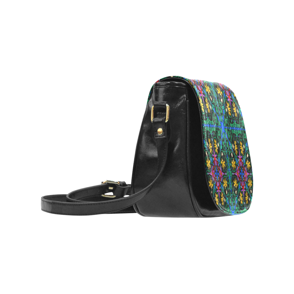 Colorful Floral Diamond Squares on Blue Classic Saddle Bag/Small (Model 1648)