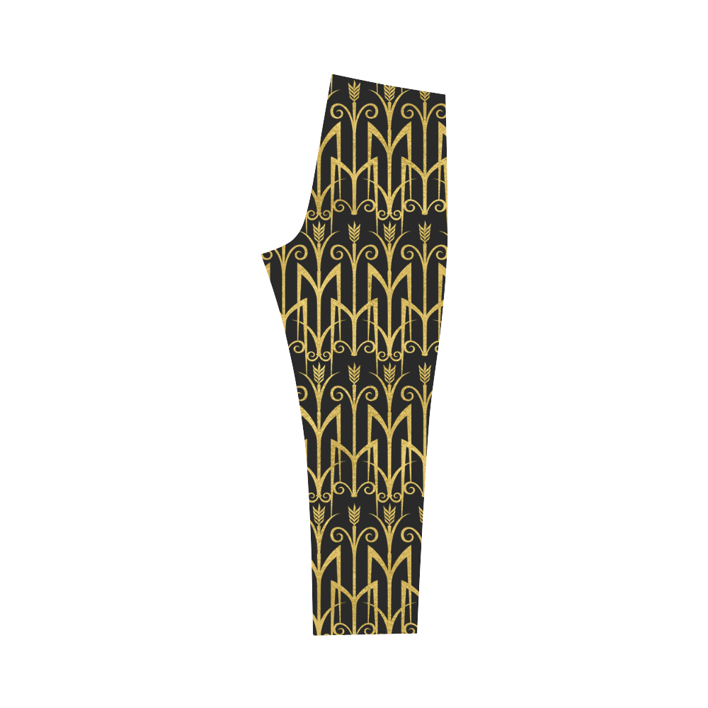 Beautiful Black And Gold Art Deco Pattern Capri Legging (Model L02)