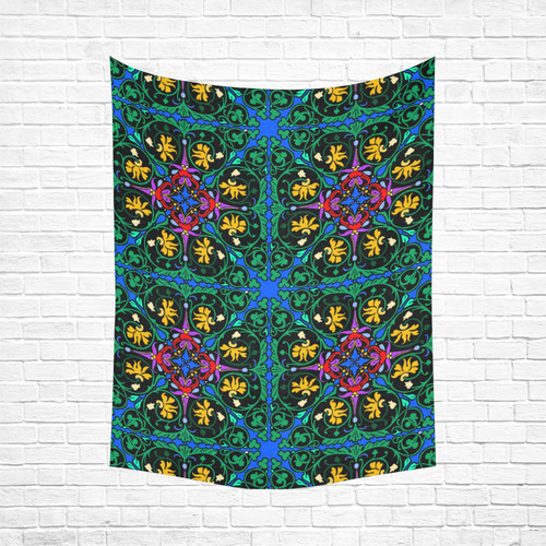 Colorful Floral Diamond Squares on Blue Cotton Linen Wall Tapestry 60"x 80"
