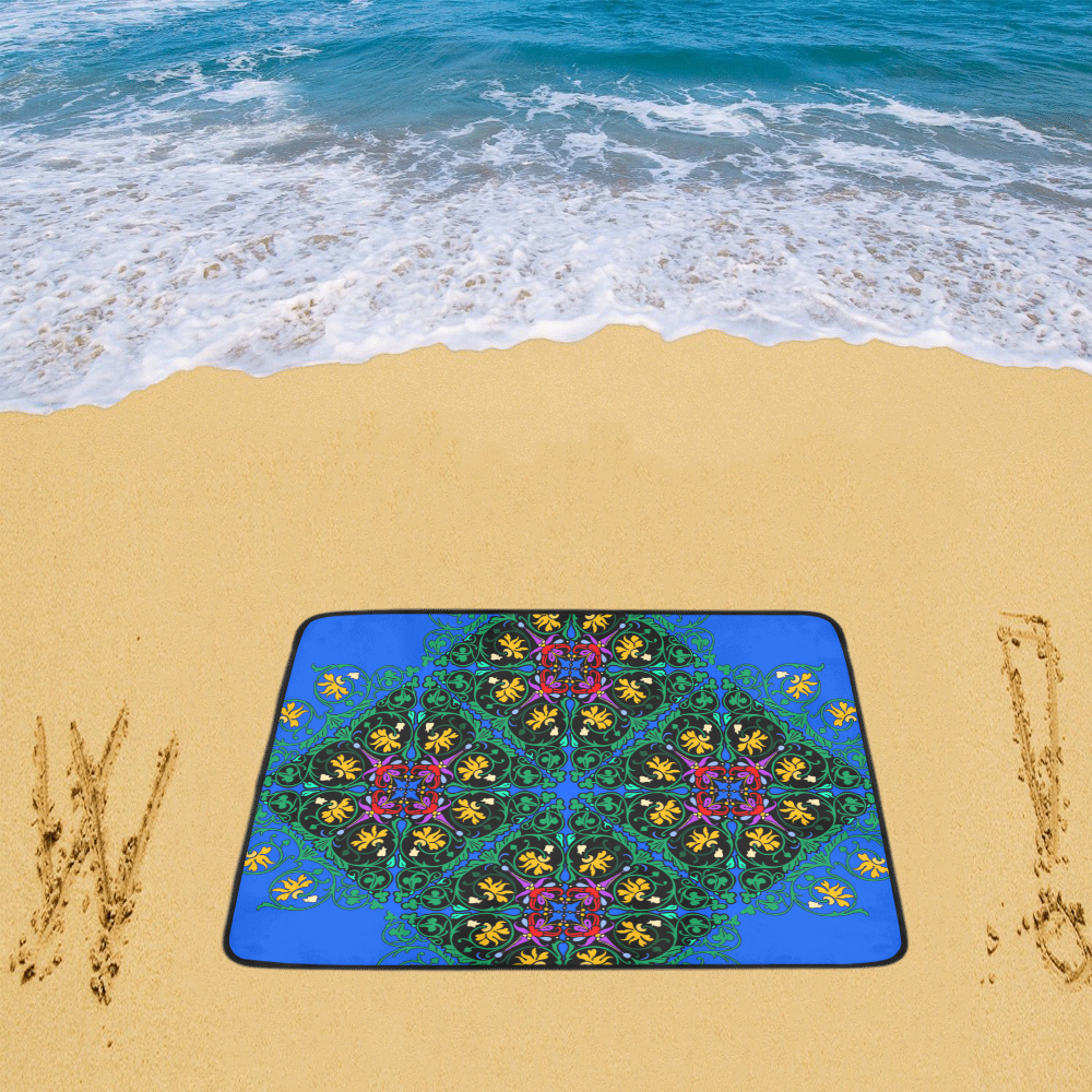 Colorful Floral Diamond Squares on Blue Beach Mat 78"x 60"