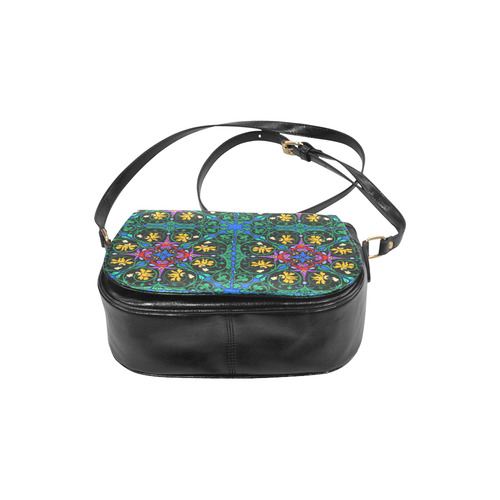 Colorful Floral Diamond Squares on Blue Classic Saddle Bag/Small (Model 1648)