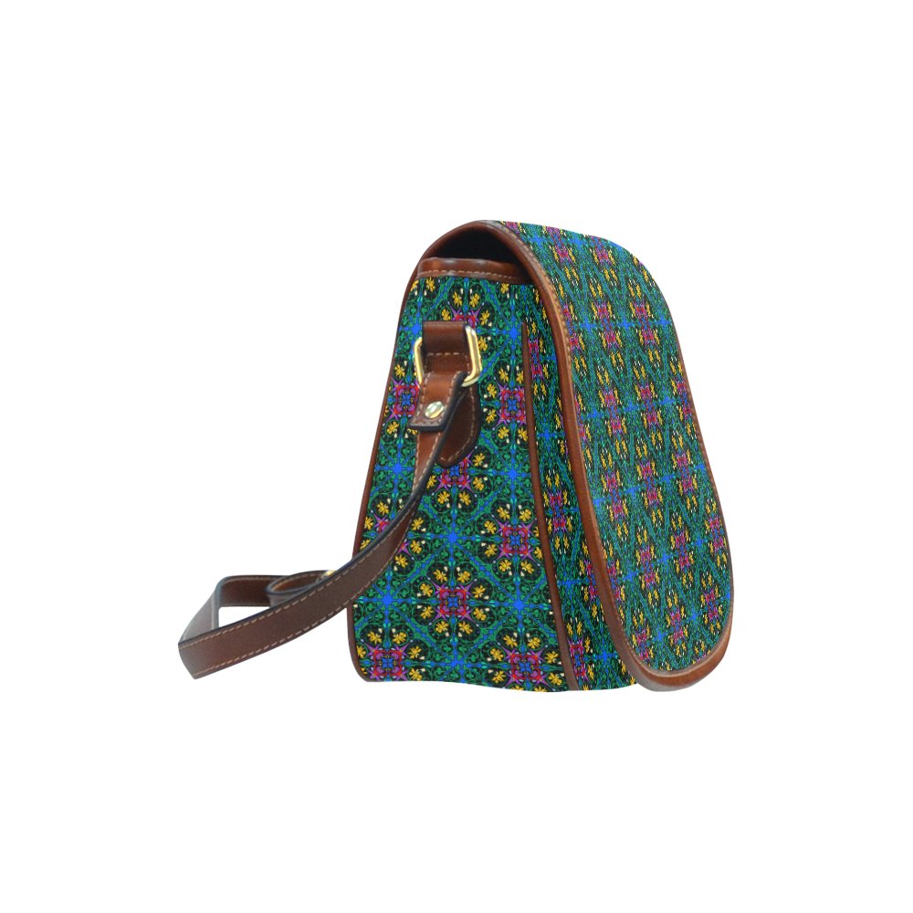 Colorful Floral Diamond Squares on Blue Saddle Bag/Large (Model 1649)