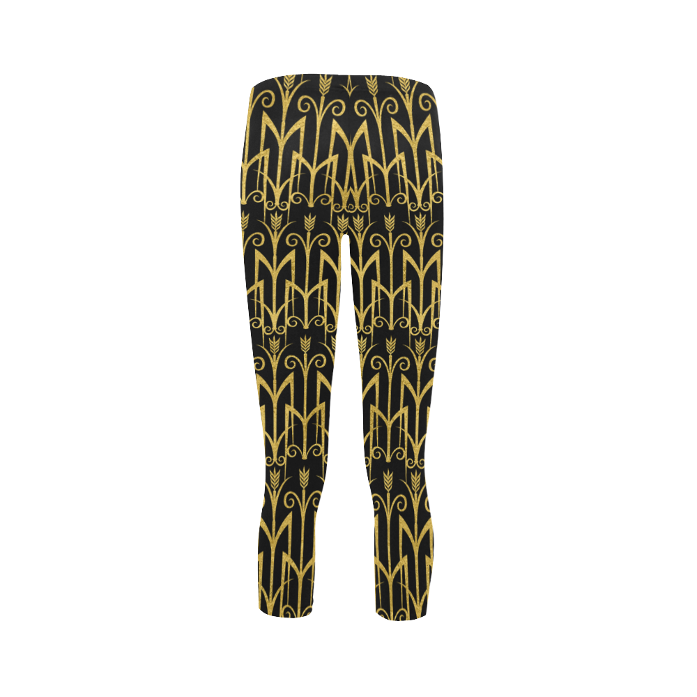 Beautiful Black And Gold Art Deco Pattern Capri Legging (Model L02)