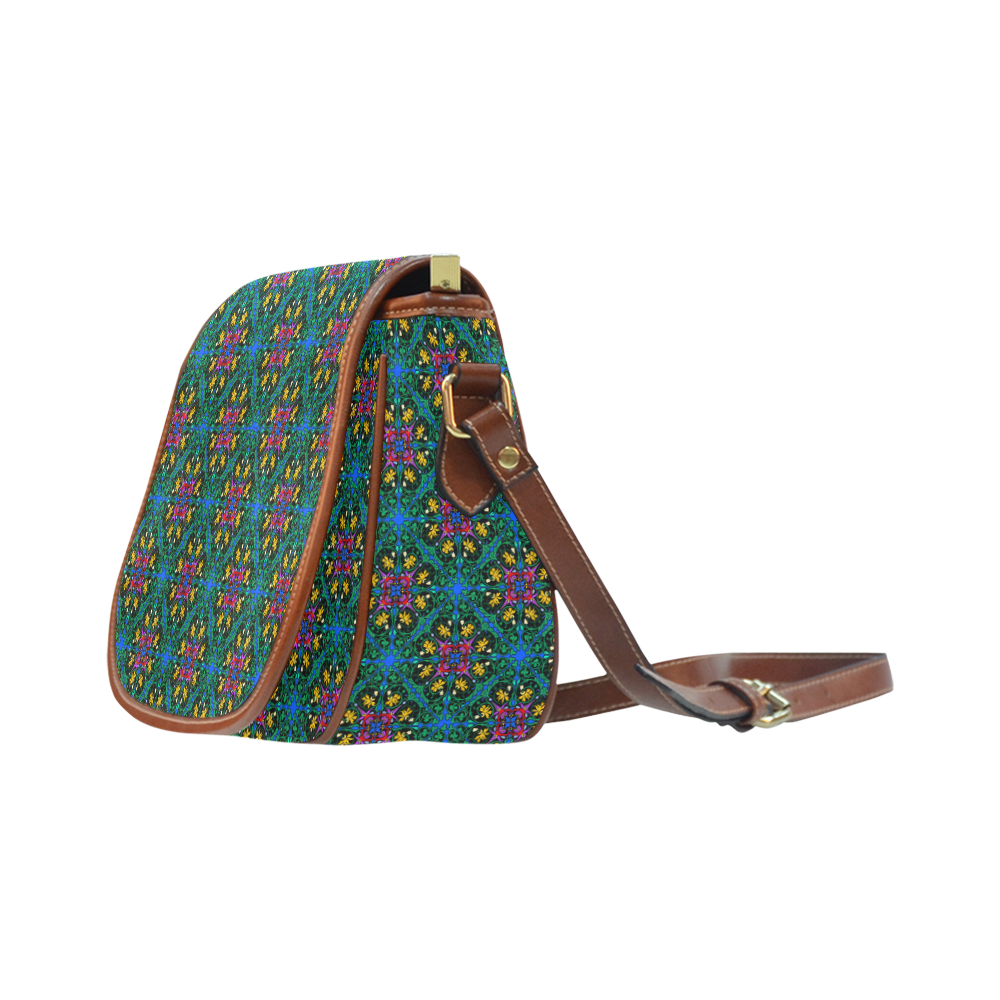 Colorful Floral Diamond Squares on Blue Saddle Bag/Large (Model 1649)