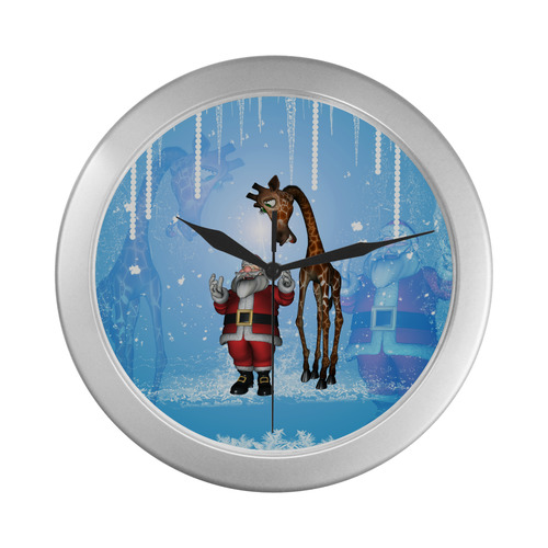 Funny Santa Claus and giraffe Silver Color Wall Clock