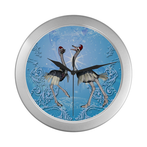 Dancing for christmas, cute ostrichs Silver Color Wall Clock