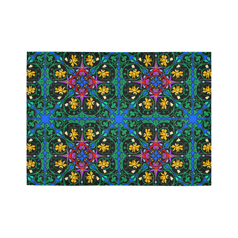 Colorful Floral Diamond Squares on Blue Area Rug7'x5'