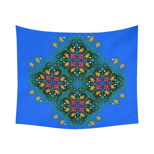 Colorful Floral Diamond Squares on Blue Cotton Linen Wall Tapestry 60"x 51"