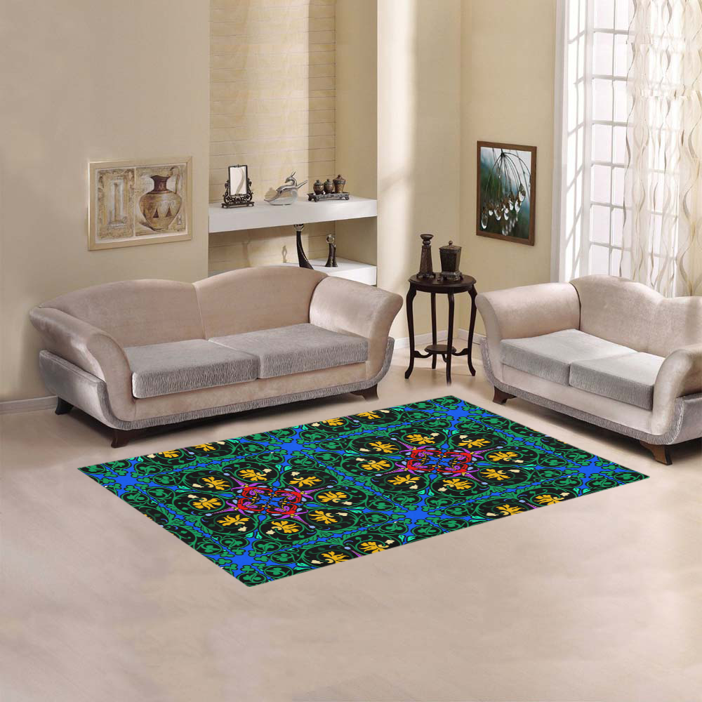 Colorful Floral Diamond Squares on Blue Area Rug 5'x3'3''
