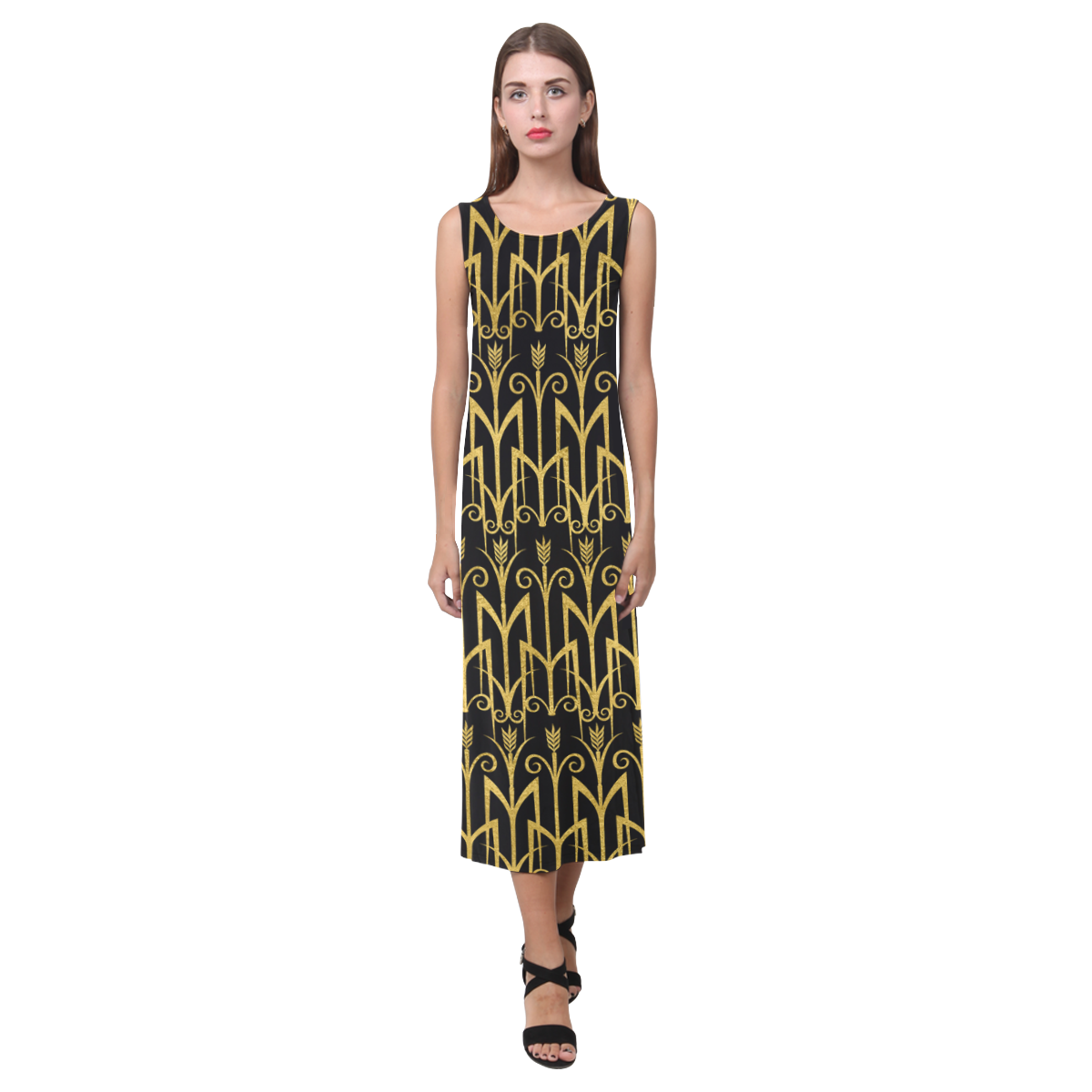 Beautiful Black And Gold Art Deco Pattern Phaedra Sleeveless Open Fork Long Dress (Model D08)