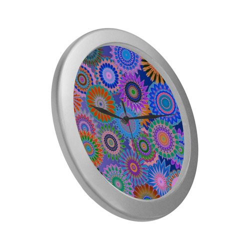 Funky flowers B Silver Color Wall Clock