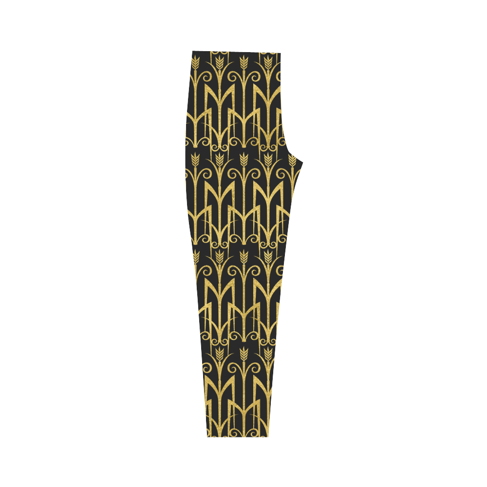 Beautiful Black And Gold Art Deco Pattern Capri Legging (Model L02)