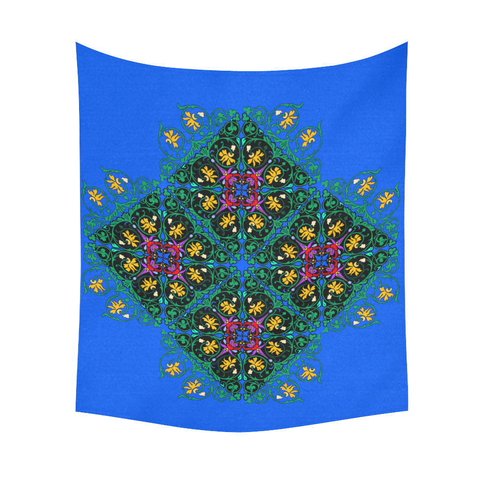 Colorful Floral Diamond Squares on Blue Cotton Linen Wall Tapestry 51"x 60"