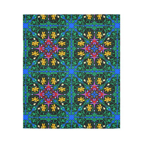 Colorful Floral Diamond Squares on Blue Cotton Linen Wall Tapestry 51"x 60"