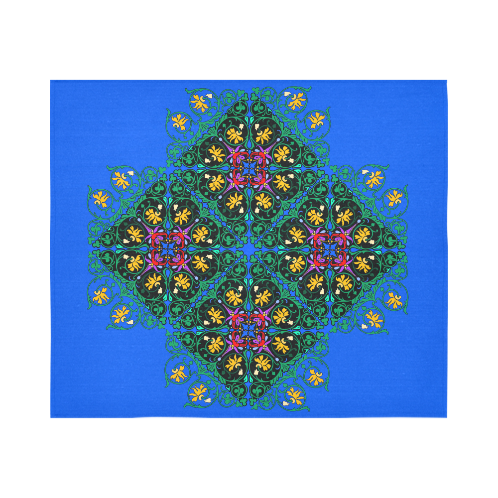 Colorful Floral Diamond Squares on Blue Cotton Linen Wall Tapestry 60"x 51"