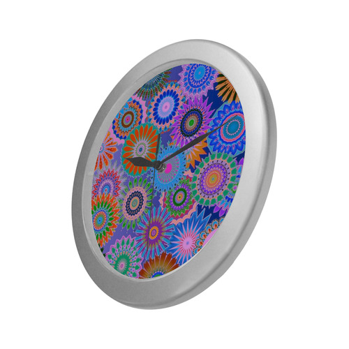 Funky flowers B Silver Color Wall Clock