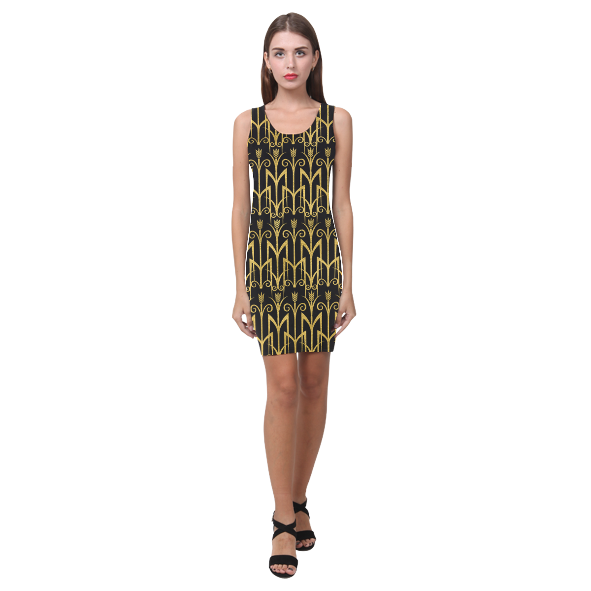 Beautiful Black And Gold Art Deco Pattern Medea Vest Dress (Model D06)