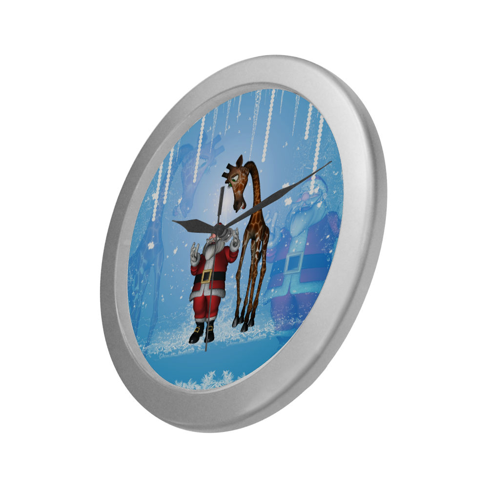 Funny Santa Claus and giraffe Silver Color Wall Clock