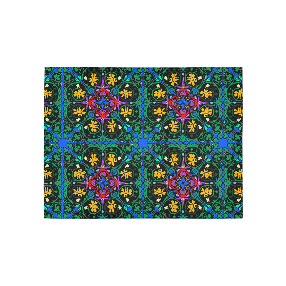 Colorful Floral Diamond Squares on Blue Area Rug 5'3''x4'