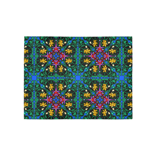 Colorful Floral Diamond Squares on Blue Area Rug 5'3''x4'