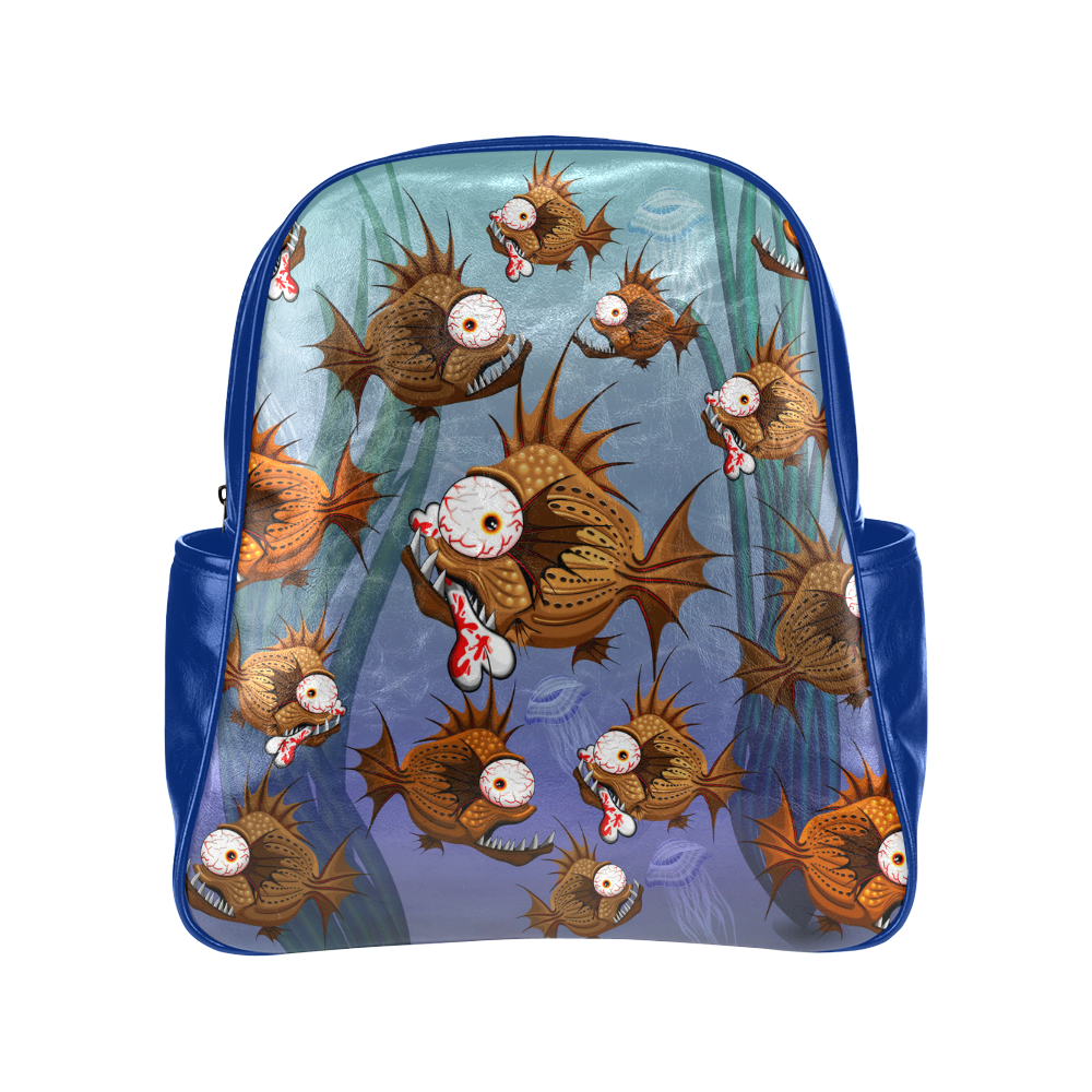 Psycho Fish Piranha with Bloody Bone Multi-Pockets Backpack (Model 1636)