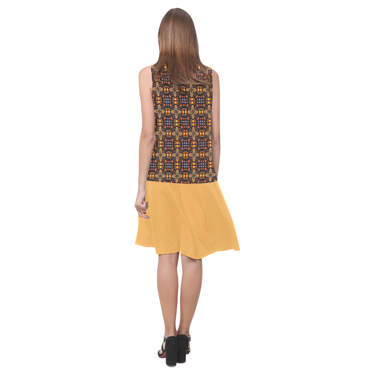 Amber Yellow Brown and Blue Sleeveless Splicing Shift Dress(Model D17)