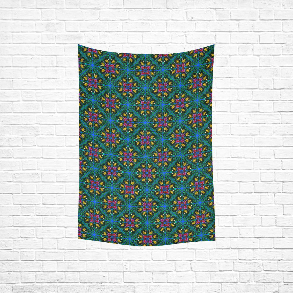 Colorful Floral Diamond Squares on Blue Cotton Linen Wall Tapestry 40"x 60"