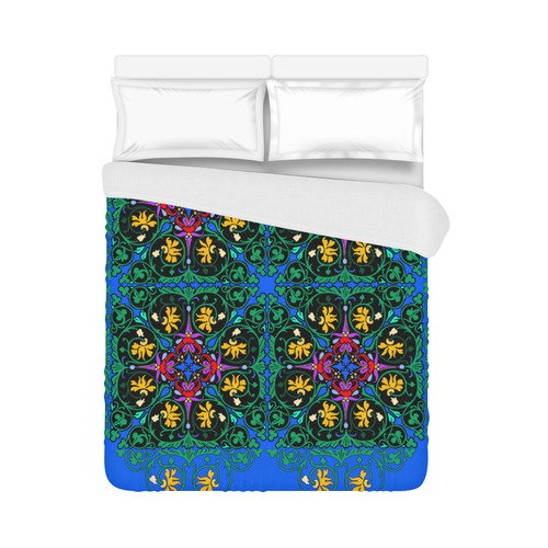 Colorful Floral Diamond Squares on Blue Duvet Cover 86"x70" ( All-over-print)