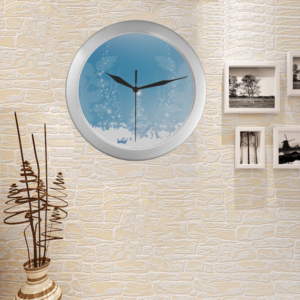 christmas design in blue and white Silver Color Wall Clock