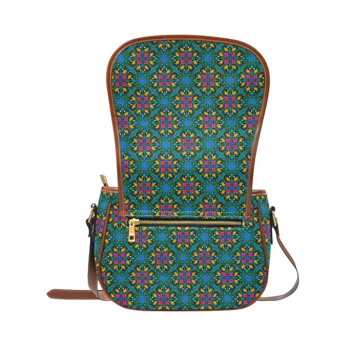 Colorful Floral Diamond Squares on Blue Saddle Bag/Large (Model 1649)