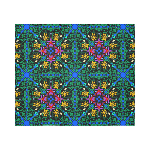 Colorful Floral Diamond Squares on Blue Cotton Linen Wall Tapestry 60"x 51"