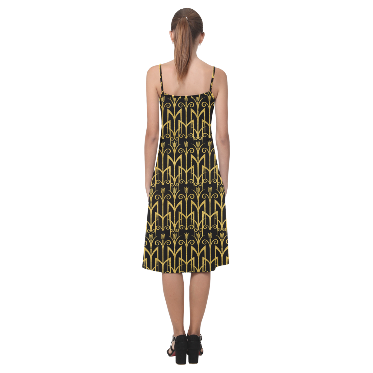 Beautiful Black And Gold Art Deco Pattern Alcestis Slip Dress (Model D05)