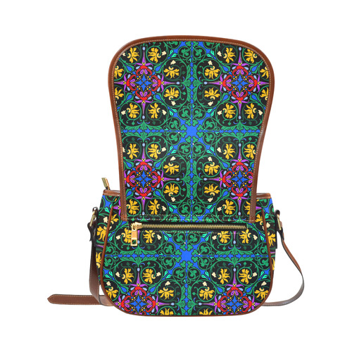 Colorful Floral Diamond Squares on Blue Saddle Bag/Small (Model 1649) Full Customization