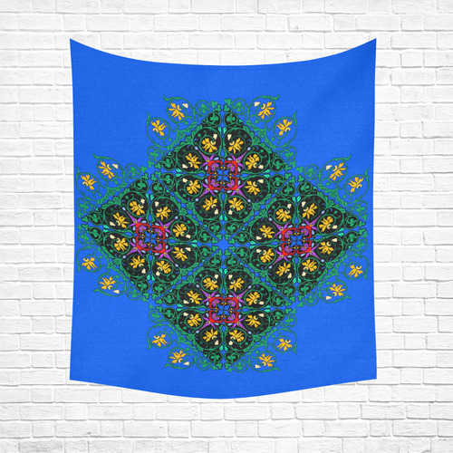 Colorful Floral Diamond Squares on Blue Cotton Linen Wall Tapestry 51"x 60"