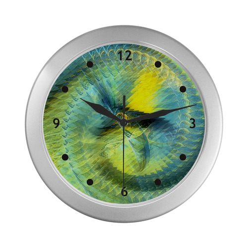 Light Blue Yellow Abstract Fractal Silver Color Wall Clock