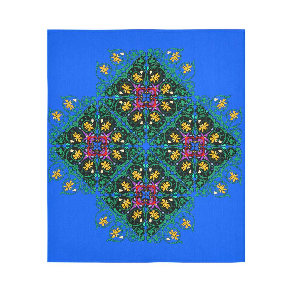 Colorful Floral Diamond Squares on Blue Cotton Linen Wall Tapestry 51"x 60"