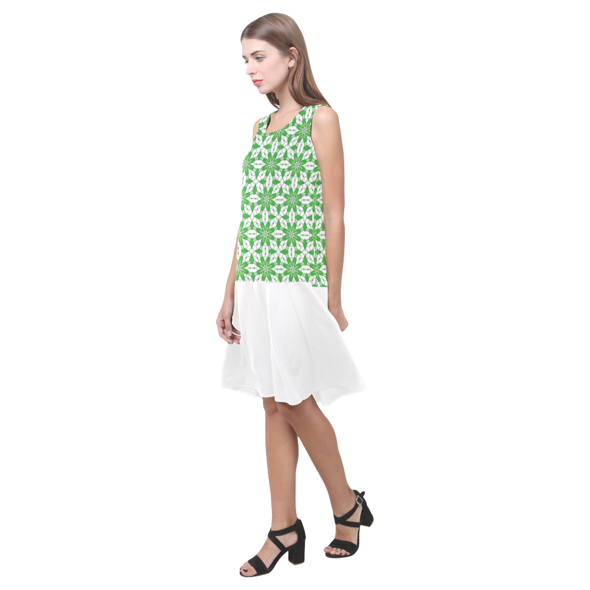 Green and White Floral Sleeveless Splicing Shift Dress(Model D17)