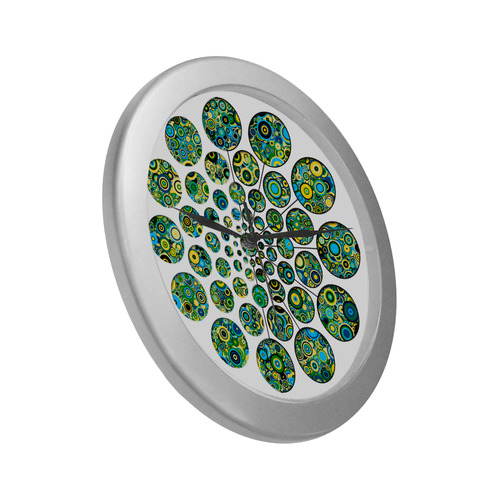 Flower Power CIRCLE Dots in Dots cyan yellow black Silver Color Wall Clock