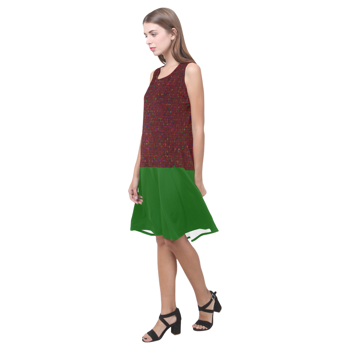 Antique Garnet Texture and Green Sleeveless Splicing Shift Dress(Model D17)