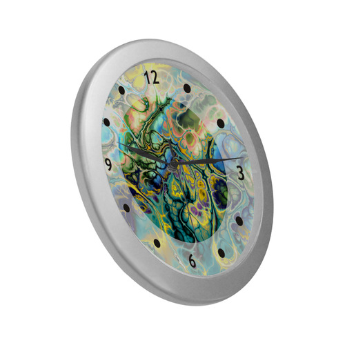 Flower Power Fractal Batik Teal Yellow Blue Salmon Silver Color Wall Clock