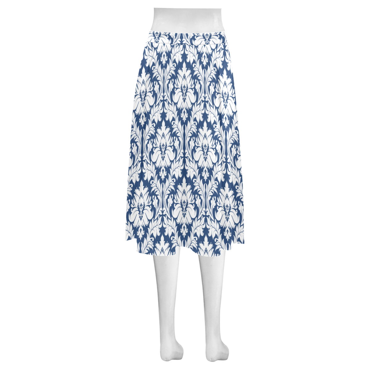 damask pattern navy blue and white Mnemosyne Women's Crepe Skirt (Model D16)