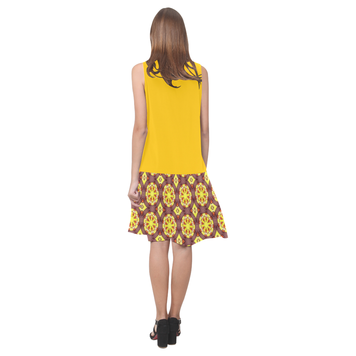 Yellow and Yellow Brown Abstract Sleeveless Splicing Shift Dress(Model D17)