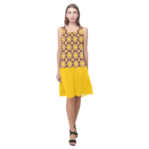 Yellow and Brown Abstract Sleeveless Splicing Shift Dress(Model D17)