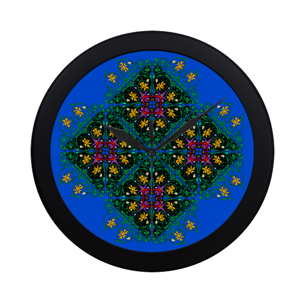 Colorful Floral Diamond Squares on Blue Circular Plastic Wall clock