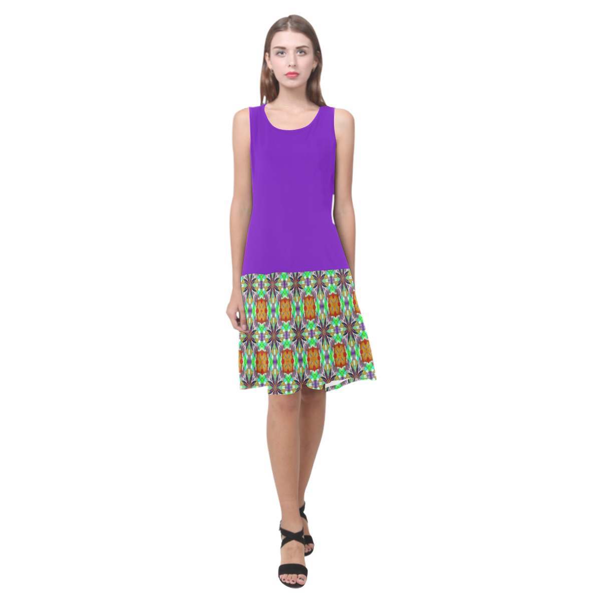 Purple Topaz and Green Sleeveless Splicing Shift Dress(Model D17)