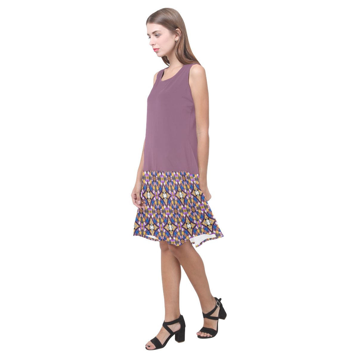 Grape Nectar Purple and Brown Sleeveless Splicing Shift Dress(Model D17)